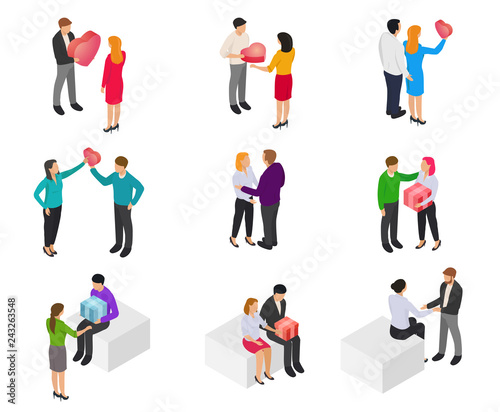 Set of loving couples, families and young peoples isolated on white background in isometric view. Design inspiration for valentines day. Composition of elements for branding. Vector illustration.