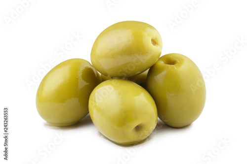 Delicious green olives, isolated on white background