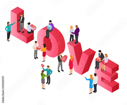 3d composition of loving couples, families or young peoples with big letter love isolated on white background in isometric view. Design inspiration for valentines day. Abstract vector illustration.