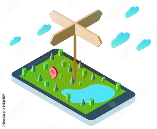 3d isometric smartphone with nature green landscape  lake  cloud  trees and wood pointer. Design concept for mobile gps or tracking navigation application. Vector infographic template.