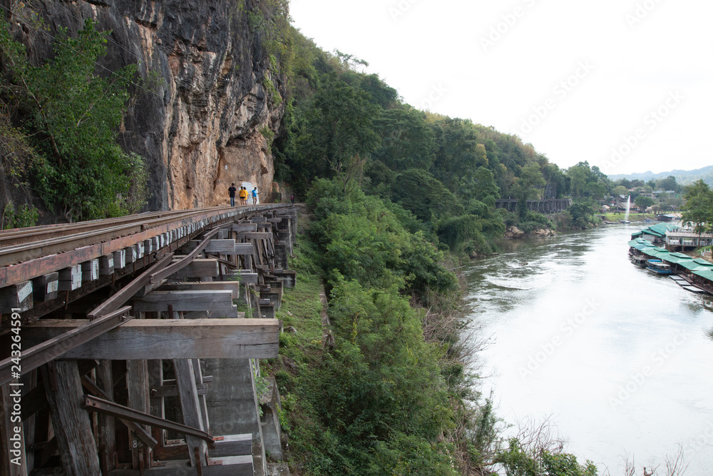 Train ride​s on Burma​ railway​(The Death​-Railway)​in Kanchanaburi, Thailand. 