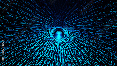 Effect of depth of round virtual tunnel. Bid Data stream visualization. Technology banner for business web presentation. Abstract science fiction futuristic background. 3D rendering.