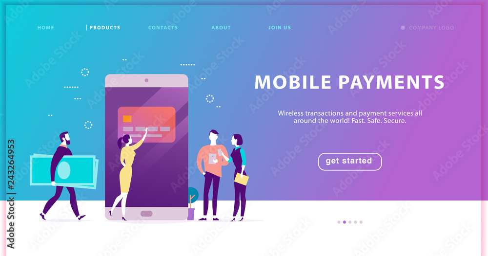 Vector concept for safe mobile payments service, site landing page design. Flat illustration with people paying online. Minimalistic metaphor. Good for web page template, mobile app banner etc.