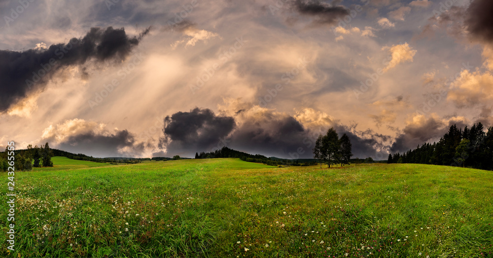 green fresh spring meadow and sunset sky - panoramic picture green fresh spring meadow and sunset sky - panoramic picture