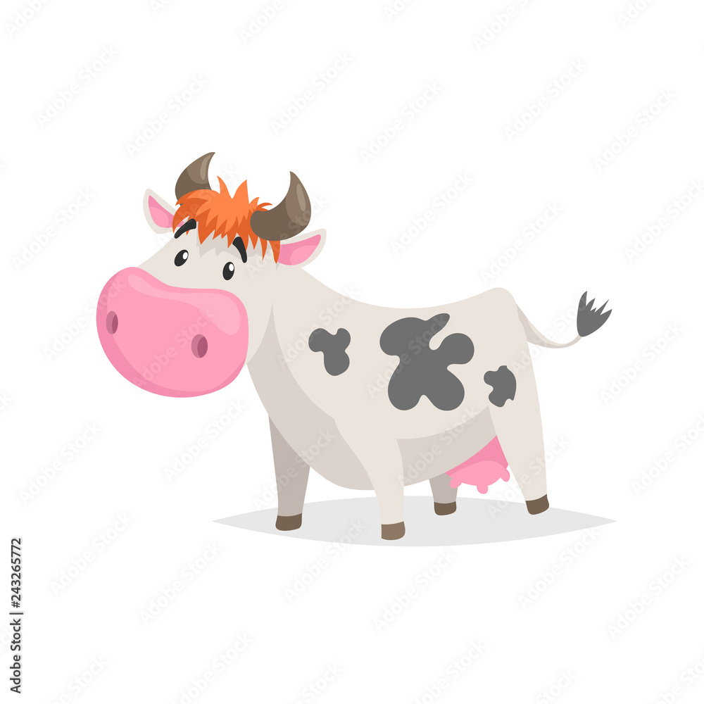Cartoon white spotted cow. Farm funny animal isolated on white background. Flat trendy style. Vector illustration. Cartoon white spotted cow. Farm funny animal isolated on white background. Flat trendy style. Vector illustration.