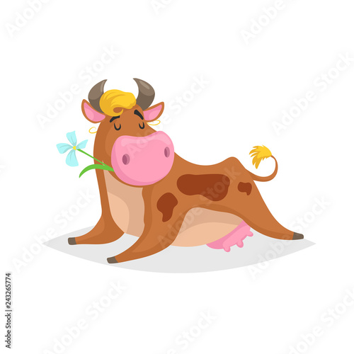 Cartoon red spotted lying cow. Farm funny animal chewing flower and relaxing. Isolated on white background. Flat trendy style. Vector illustration.