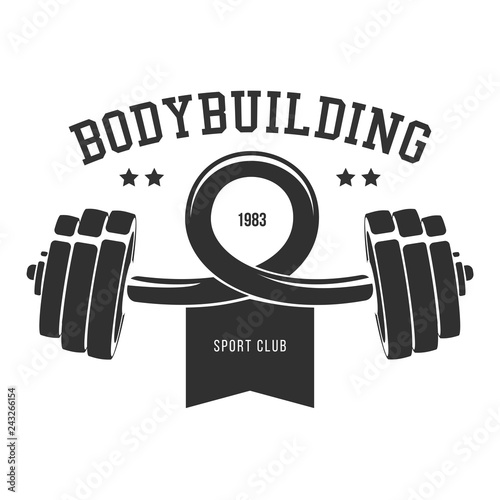 Сurved dumbbell silhouette. Template for bodybuilding and sport fitness logo, label, emblem, badge or branding design in retro, vintage style. Vector illustration.
