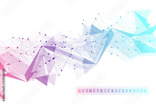 Geometric abstract background with connected line and dots. Network and connection background for your presentation. Graphic polygonal background. Scientific vector illustration