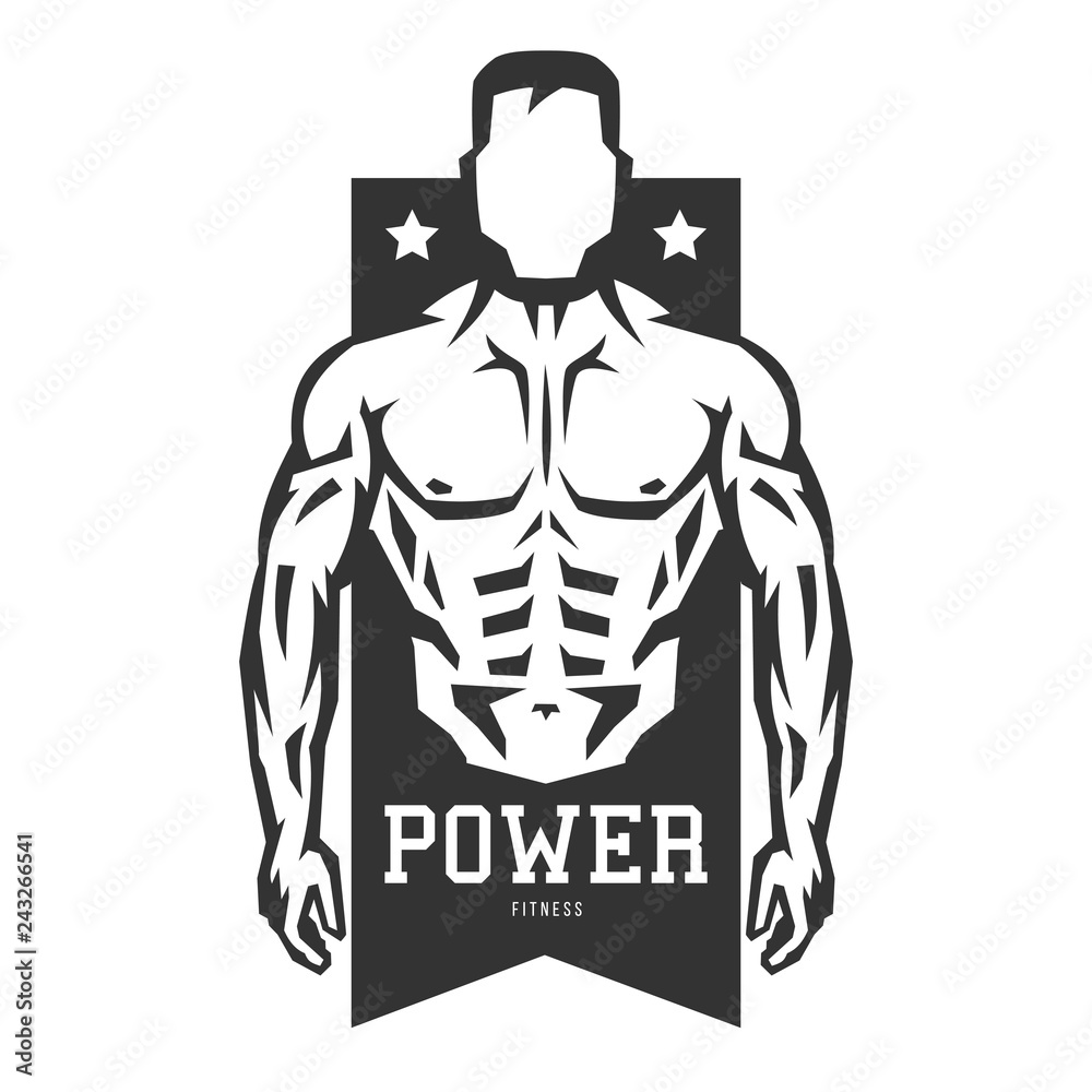 Silhouette of muscular man. Template for bodybuilding and sport fitness logo, label, emblem, badge or branding design in retro, vintage style. Vector illustration.