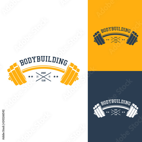 Сurved dumbbell silhouette. Template for bodybuilding and sport fitness logo, label, emblem, badge or branding design in retro, vintage style. Vector illustration.