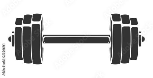 Vector hand drawn silhouette of dumbbell isolated on white background. Template for sport icon, symbol, logo or other branding. Modern retro illustration.