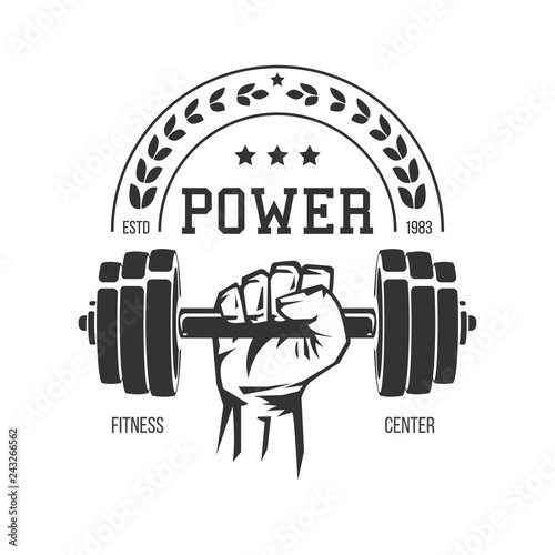 Male hand with dumbbell. Template for bodybuilding and sport fitness logo, label, emblem, badge or branding design in retro, vintage style. Vector illustration.