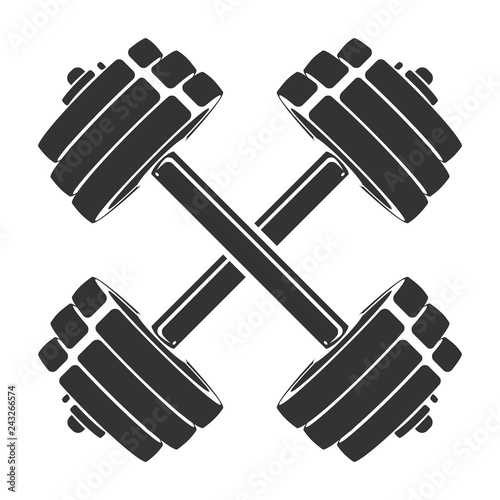 Vector hand drawn silhouette of crossed dumbbells isolated on white background. Template for sport icon, symbol, logo or other branding. Modern retro illustration.