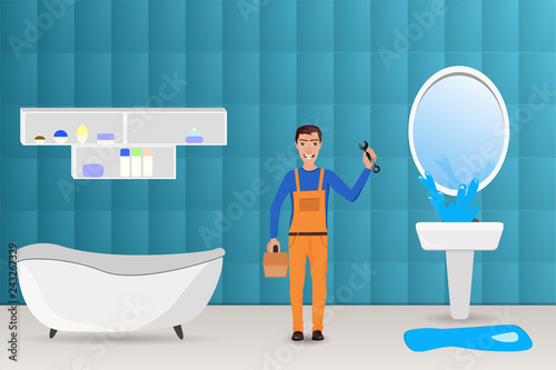 Master plumber in the bathroom repairs broken cram with splashes of water