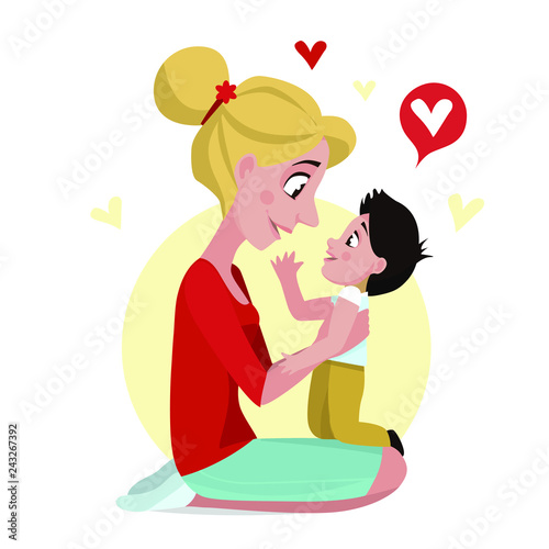 Mother s love. Mom s hug. Mom and son.Vector illustration. Card on Mother s Day