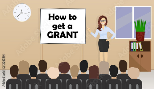 Business woman stands near presentation board with text how to get a grant