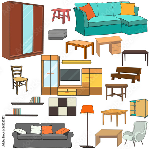 a set of furniture, a sofa, a wardrobe, a chair