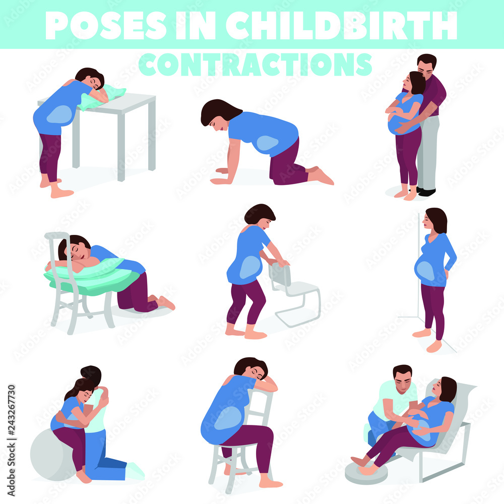 Poses in childbirth. Birth pains. Relief of labor pains. Vector illustration.