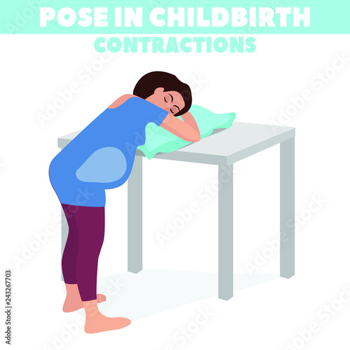 Pose in childbirth. Birth pains. Relief of labor pains. Vector illustration.