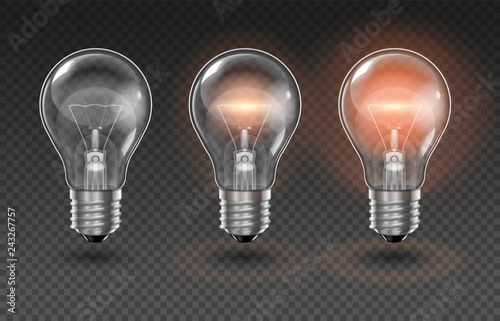 Three transparent light bulbs, one of which is off, while the others are lit with different brightness on a transparent background. Highly realistic illustration.