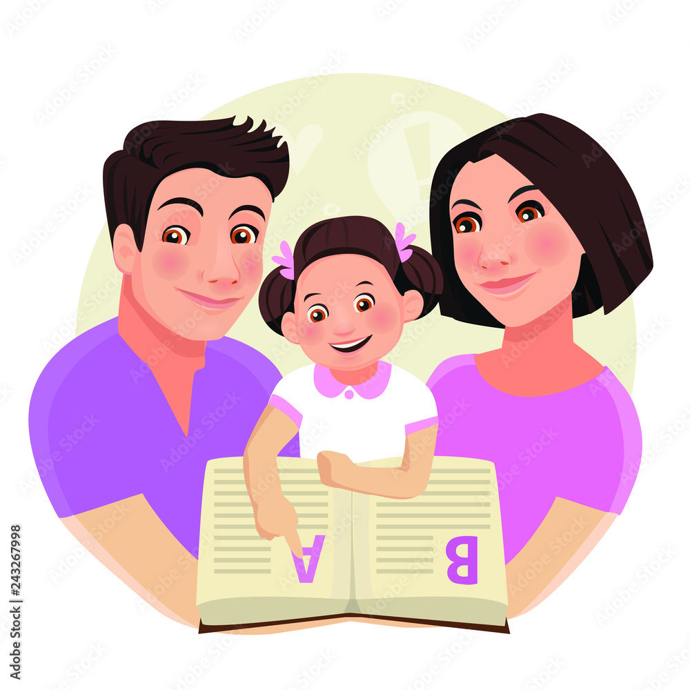 Teaching child to read. Family characters.The girl is reading. Vector illustration. Teaching child to read. Family characters.The girl is reading. Vector illustration.