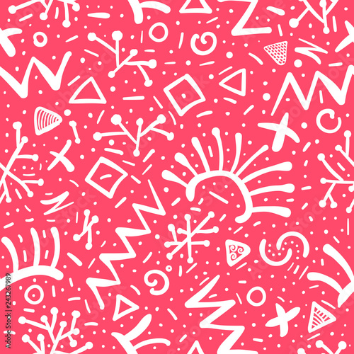 Memphis pattern Minimal geometric seamless background Hand drawn elements Doodle Art Vector Illustration Colored Living Coral