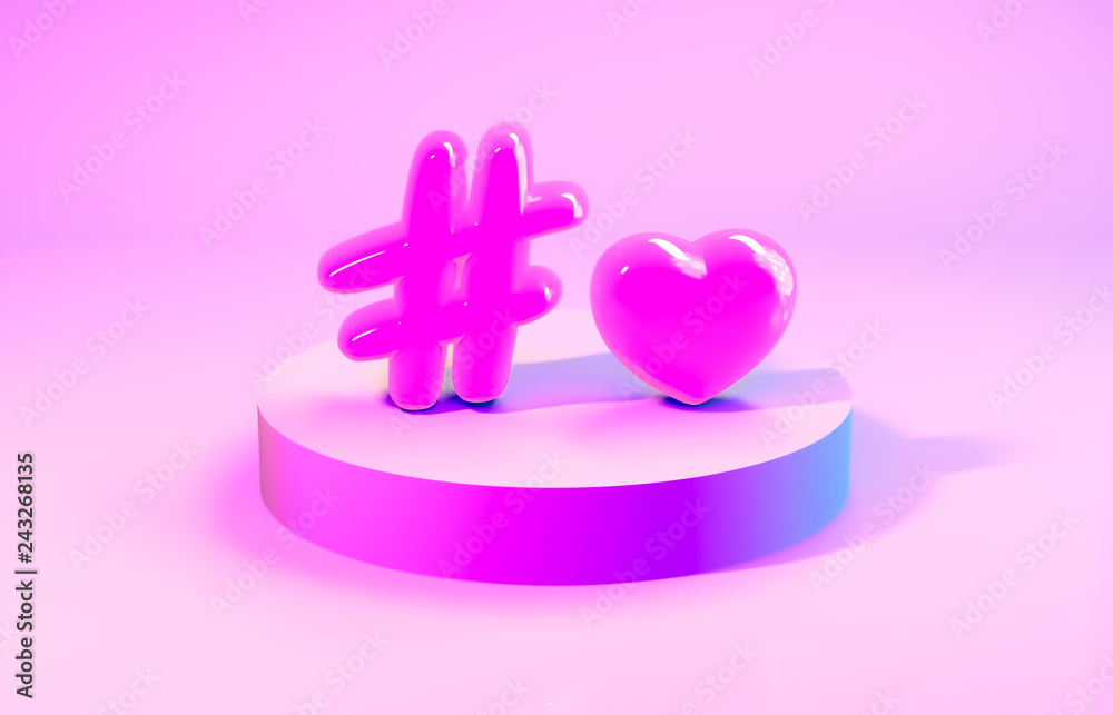 3d composition. Abstact 3d geometric shapes backdrop with text - love hashtag. 3d pink background with balloons.