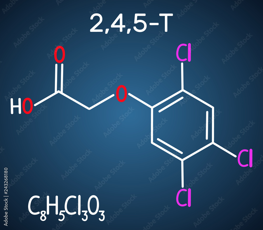 2,4,5-Trichlorophenoxyacetic acid (2,4,5-T) molecule. Structural chemical formula on the dark blue background 2,4,5-Trichlorophenoxyacetic acid (2,4,5-T) molecule. Structural chemical formula on the dark blue background