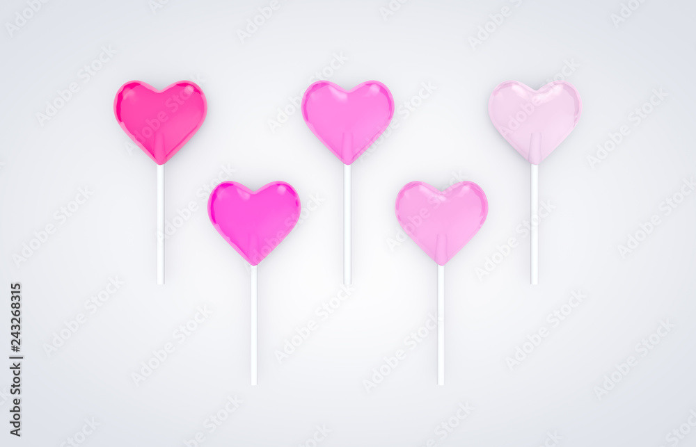 3d rendering. Sweet Valentine's day heart shape lollipop candy on white isolated background. Love Concept. top view. Minimalism colorful hipster style.