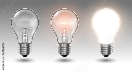 Three transparent light bulbs, one of which is off, while the others are lit with different brightness on a light background. Highly realistic illustration.