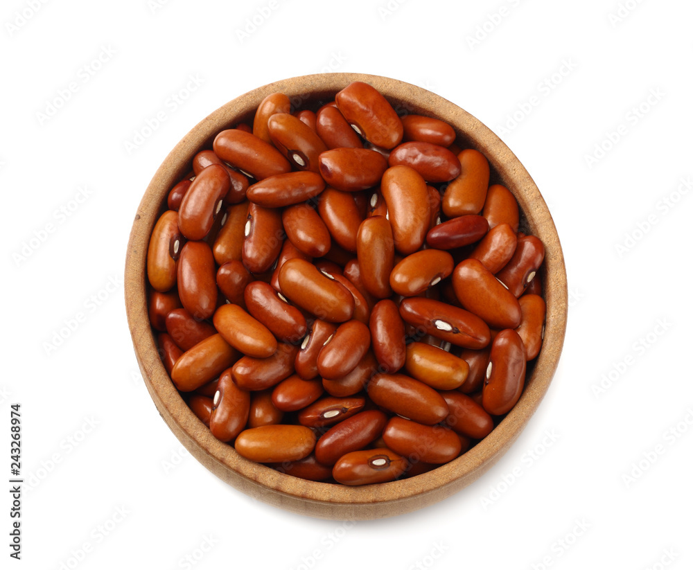 brown kidney beans in wooden bowl isolated on white background. top view brown kidney beans in wooden bowl isolated on white background. top view