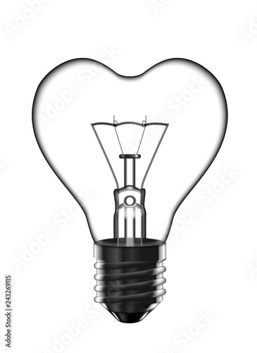 Transparent light bulb in the shape of a heart on a white background. Highly realistic illustration.