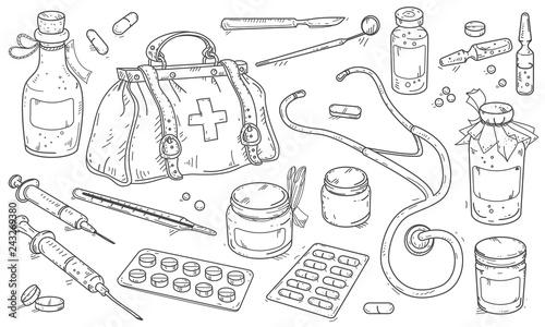 medical instruments and doctor bag, pills and medicine bottles.