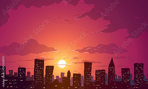 Vector illustration. Skyscrapers in big city at sunset.