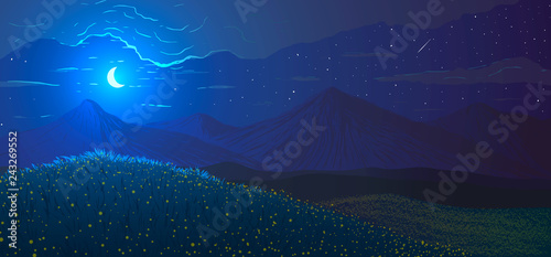 Spring landscape in vector. Meadow with flowers on background of mountains at moonlight night. 