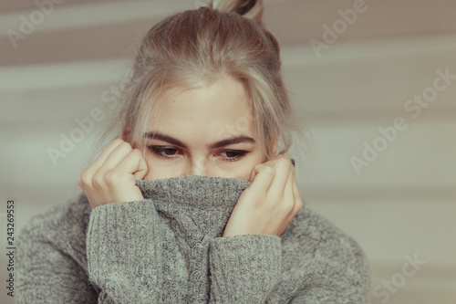 portrait of pensive girl, close up photo