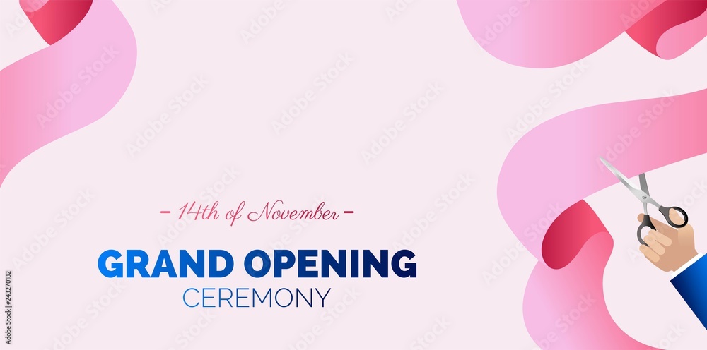 Grand opening horizontal banner. Hand holding scissors and cutting pink ribbon.   Vector Illustration