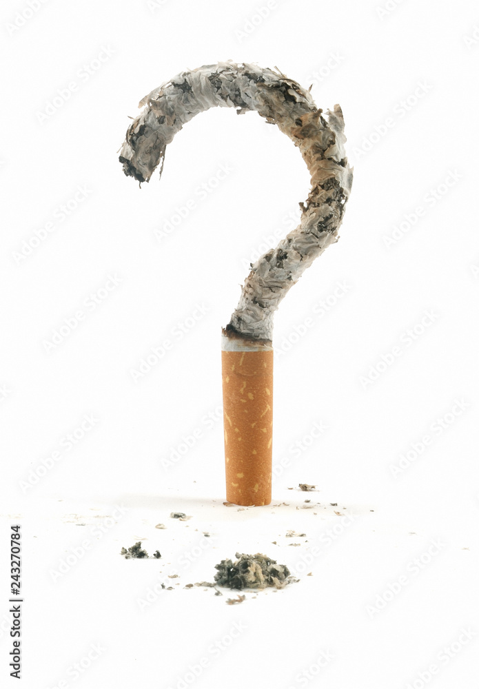 A burnt out cigarette with it's ash formed in to the shape of a question  mark. Digitally composed. Stock Photo | Adobe Stock