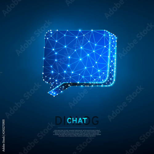 Dialogue, Chat cloud. Wireframe digital 3d illustration. Low poly technology, devices, people communication concept on blue background. Abstract Vector polygonal neon Social Network symbol RGB