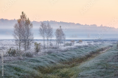 Scenic and tender landscape with sunrise at frosty autumn morning