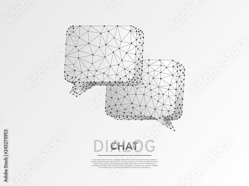 Dialogue, Chat clouds. Wireframe digital 3d illustration. Low poly technology, devices, people communication concept on blue background. Abstract Vector polygonal neon Social Network symbol