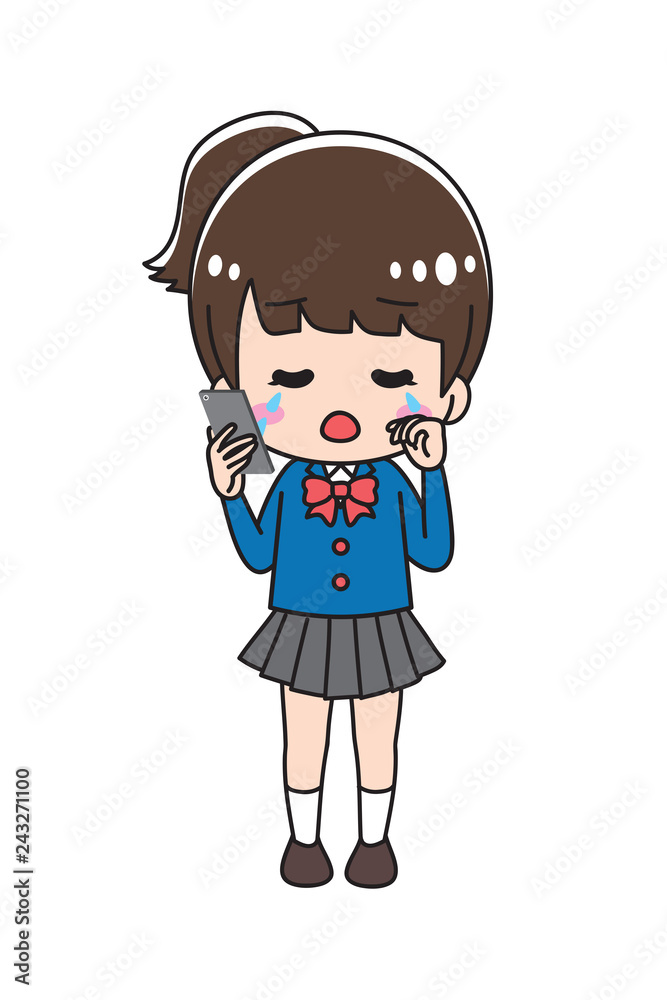 Crying female smartphone high school girl full body Crying female smartphone high school girl full body