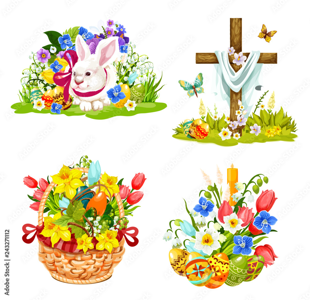 Easter eggs, bunny and flowers in wicker icons - obrazy, fototapety, plakaty 