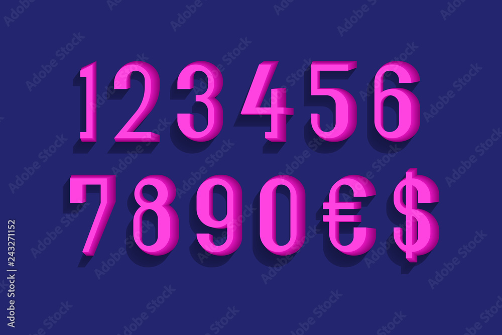 Pink numbers with currency signs of dollar and euro in decent 3d style.