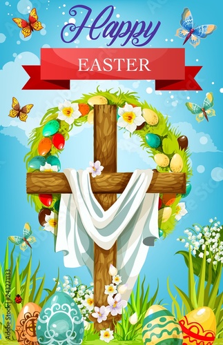 Easter cross with eggs, lily flowers and shroud