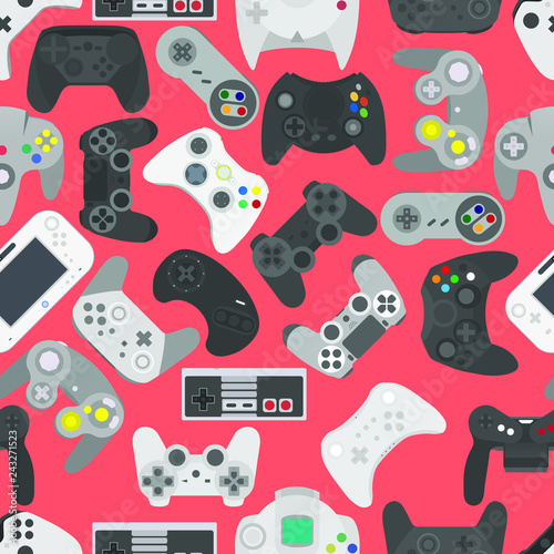 Video game controller background Gadgets seamless pattern Colored Living Coral