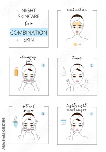Beautiful girl with combination  skin, face night care for acne skin. Line style vector illustration, isolated on white background.