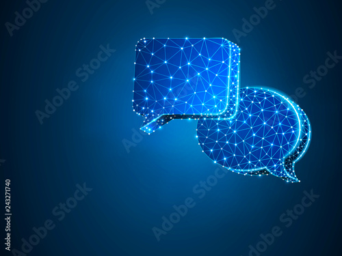 Dialogue, Chat clouds. Wireframe digital 3d illustration. Low poly technology, devices, people communication concept on blue background. Abstract Raster polygonal neon Social Network symbol RGB