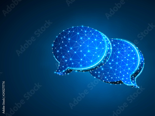 Dialogue, Chat clouds. Wireframe digital 3d illustration. Low poly technology, devices, people communication concept on blue background. Abstract Raster polygonal neon Social Network symbol RGB