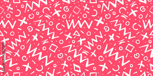 Memphis pattern Minimal geometric seamless background Hand drawn elements Doodle Art Vector Illustration Colored Living Coral